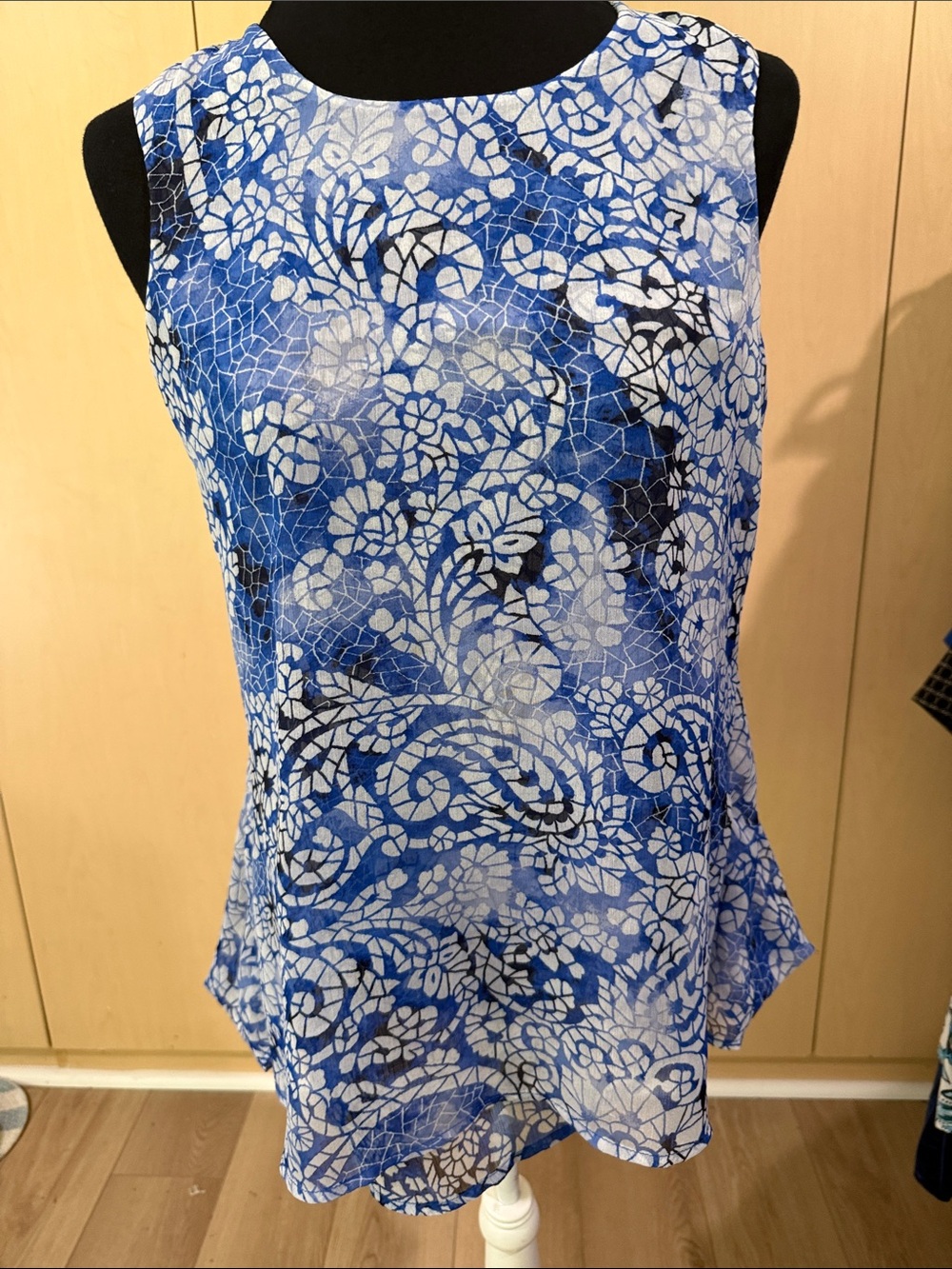 Fever Blue and White Floral Mosaic Sleeveless Top